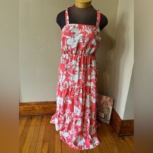 Social Standard Midi Dress Smock Back Coral Floral Tie Shoulder Size L